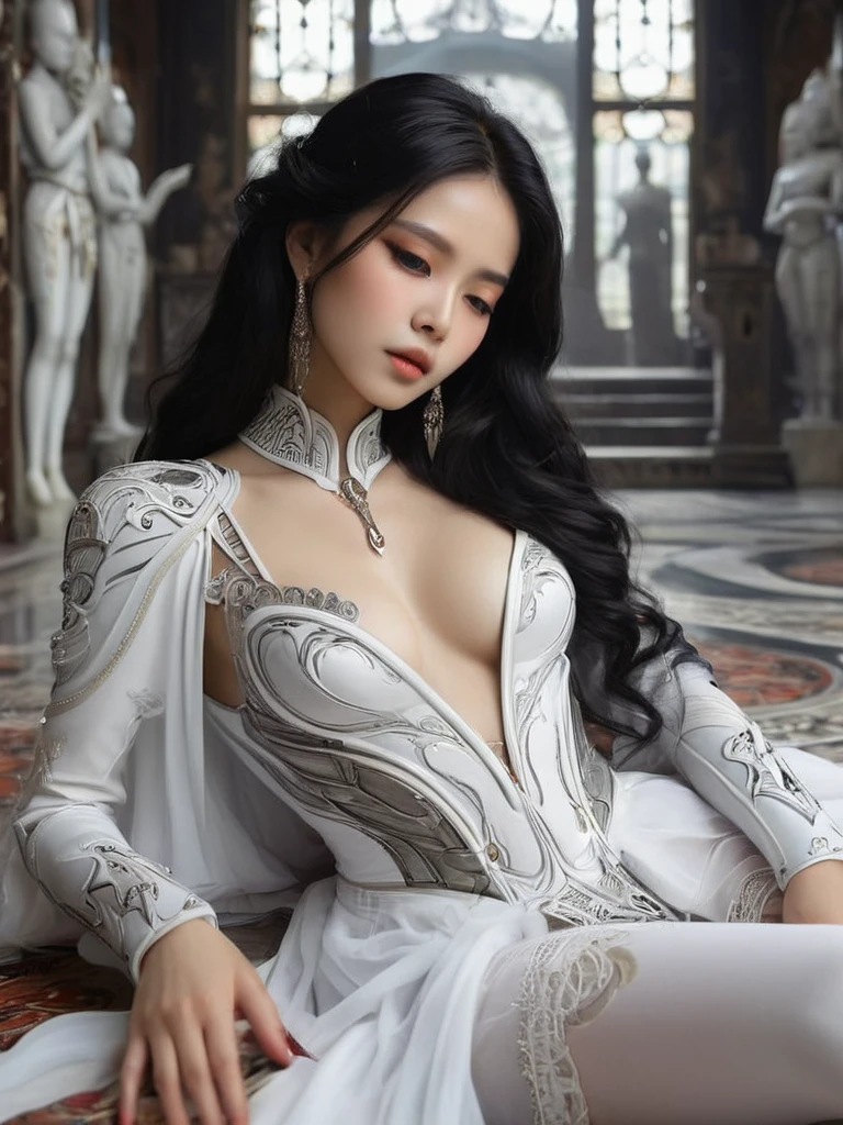 RAW Photograph, 35mm, (((masterpiece))),(((ultra realistic photo))),(ultra photorealism))),(((best picturel))),medium closeup of a beautiful white skin Indonesian Woman,(knocked out, unconscious asleep,body lying naturally on the ground floors of the palace), age 47(looks naturally like age 27), height 176cm, 36-24-36 body ratio, small round breasts, slim abs, perfect realistic body and hands, long black 1.5 meter hair, woman wearing futuristic elegantly white royal gothic style dress(open chest, revealing, crotchless, open thighs, no underwear), long cape, hand gloves, high thigh boots, detailed skin with visible pores, high intricate details, (((amazing composition))), in futuristic white theme palace, futuristic spaceship era, ((((Royo, Giger))),(((8k)))