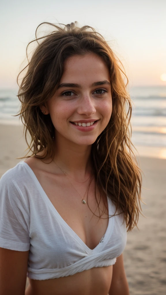 photo of a beautiful girl wearing casual shirt, at the beach, messy medium hair, view from front, looking at the camera, cute smile, 8k uhd, dslr, soft lighting, high quality, photorealistic, realism, hyperrealism, art photography
