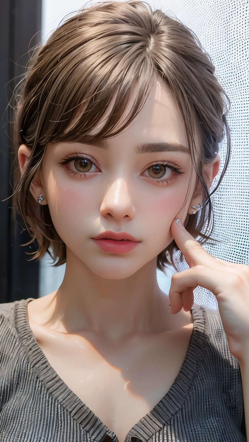 Masterpiece hyperrealist & Photorealistic beautiful girl, Realistic Skin (Pore-filled skin) Short Bob Cut Hair, Realistic red lips,Punk Girl, (head shot:1.5),Shorts