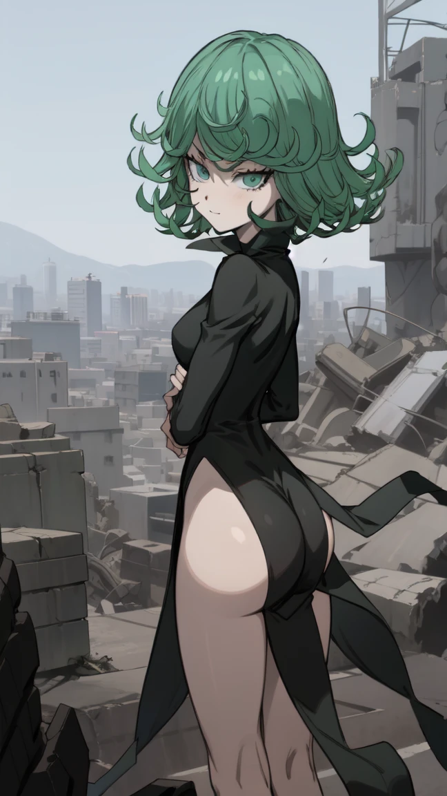 Anime art style, tatsumaki from one punch man, green hair, white skin, standing on destroyed city, cinematic lights, blushing cheeks, smilling, looking back at viewers, grabbing her ass, big booty, NSFW, back view, beautiful scenery. The dress is covering her ass