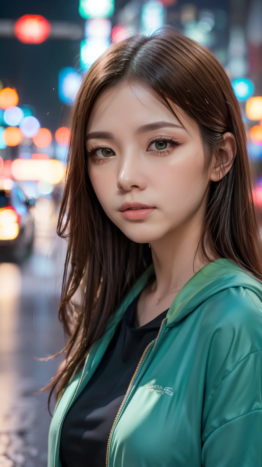 A woman standing on a crowded street in Tokyo, Traffic jam on a rainy night, masterpiece, RAW Photos, Written boundary depth, Bokeh, (Front light:1.2), (Backlight:0.75), (Subsidy Light:0.9), neon, chromatic aberration, (Lens flare:1.2), 8k, Genuine, green,(head shot:1.5)