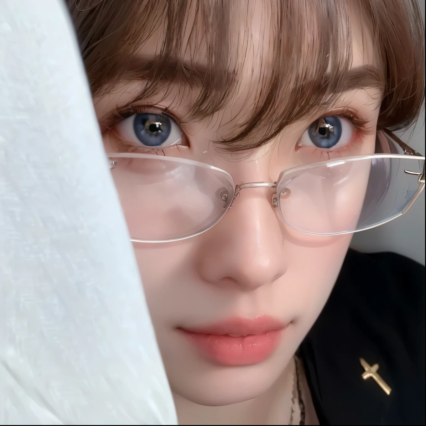 there is a boy com glasses that are looking at the camera, com glasses, Beautiful and clear face, usando pequenos glasses redondos, Kim Doyoung, light blue eyes, glasses, ulzzang, Tae June Kim, com glasses quadrados, jung jaehyun, ( ( glasses ) ), slight lens glare, small cups, com glasses on, usando glasses redondos grandes e finos, light blue irises