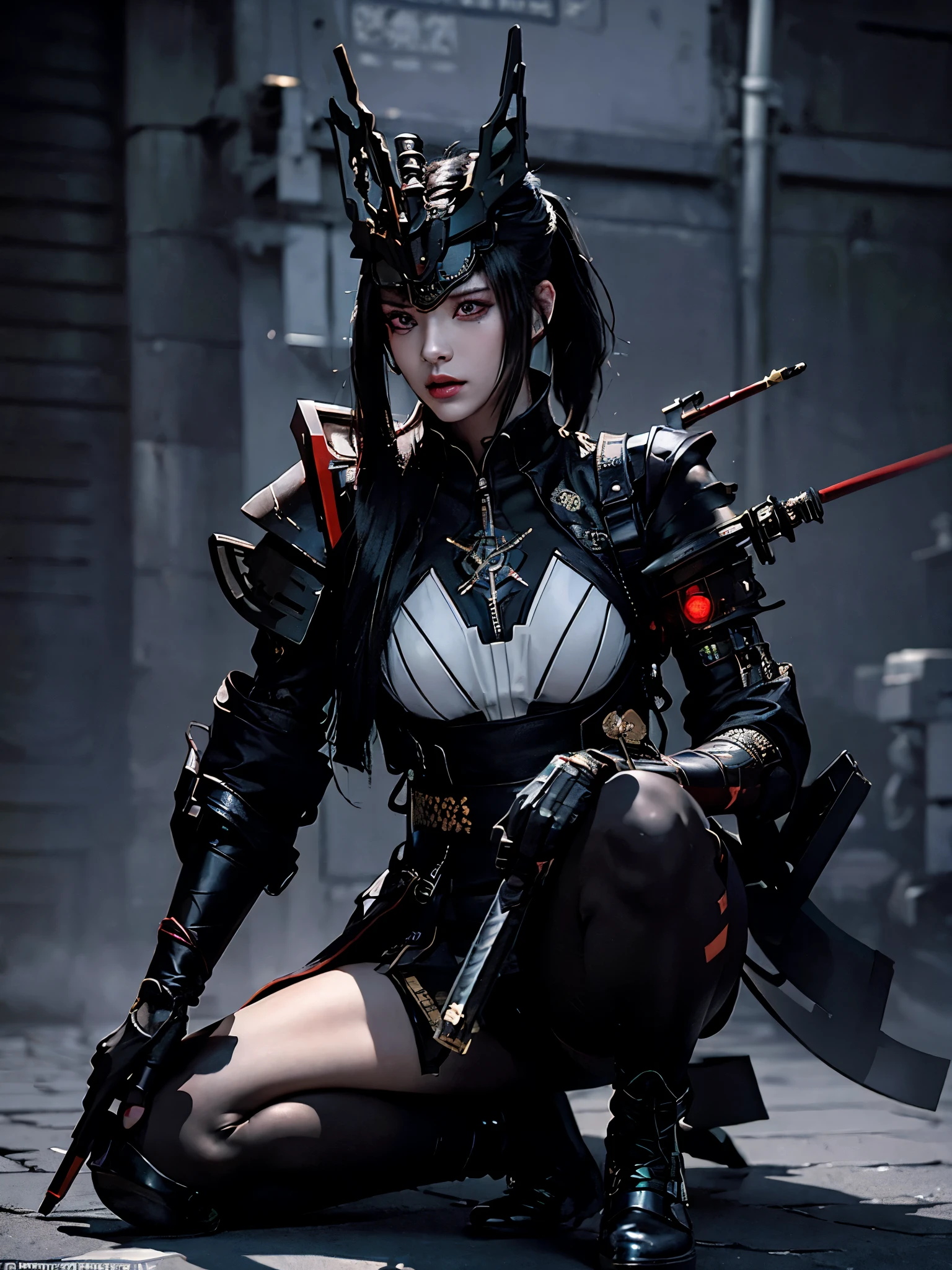 Surreal version of a woman kneeling down on one knee with sword in hand, Sitting on the wall,very beautiful cyberpunk samurai,Sitting on the wall,Futuritic background, Smoke color background, cyberpunk anime art, cyberpunk samurai, cyberpunk city anime art, cyberpunk anime, cgsociety 9, digital cyberpunk anime art, style of maciej kuciara .1girl, samurai armor, devil mask helmet, intricate, detailed ornaments, cold colors, metallic, Egyptian details, details very complex, realistic lighting, trending on social cgs, glowing eyes, facing camera, Brick wall,neon details, surreal details, full body portrait, Japanese atmosphere, lighting global, shadow, octane rendering, 8k, super sharp lolita.((Best quality)), ((masterpiece)), (details:1.4), 3D, image of a female cyberpunk beautiful,HDR (High Dynamic Range),Beam Range,NVIDIA RTX,Ultra High Resolution,Unreal 5,Subsurface Scattering,PBR Textures,Post-processing,Anisotropic Filtering,Depth of Field, Maximum clarity and sharpness, Multi-layer textures, Albedo and Reflection maps, Surface shadows, Accurate simulation of light-material interaction, Perfect scaling, Octane rendering, Two-tone lighting Color, Wide Aperture, Low ISO, White Balance, Rule of Thirds, 8K RAW,