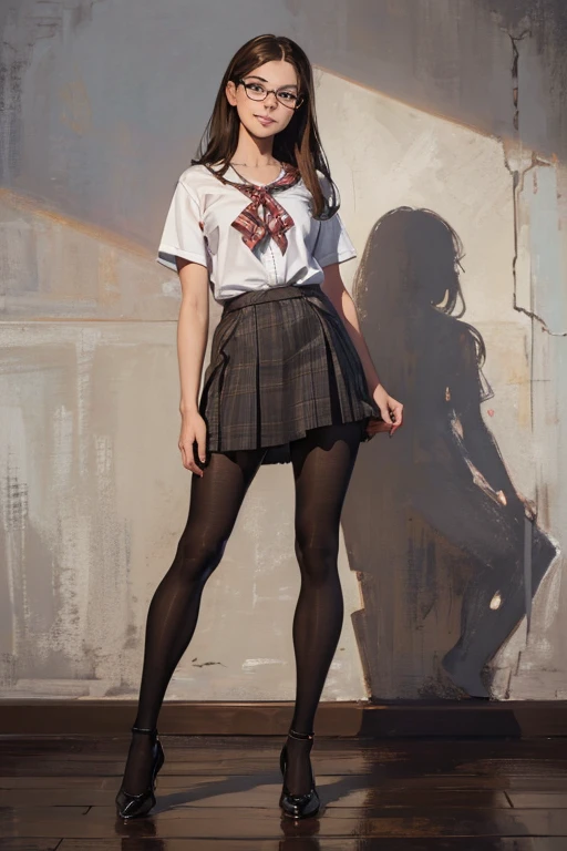((full body:1.4)),(feminine:1.4),(rule of thirds:1.4), ((ultra realistic illustration:1.3)).18yo (Athletic:0.8) brunette woman, blue eyes, (long hair:0.9), tomboy, cute, small breasts,(smile),eyeglasses,blouse,plaid skirt,pantyhose,kitten heel shoes with straps,((virgin)). Masterpiece, best quality,(highly detailed:1.2),(detailed face and eyes:1.2), 8k wallpaper, depth of field, natural lighting. core shadows, high contrast, bokeh. cinematic, atmospheric, contrast, intricate