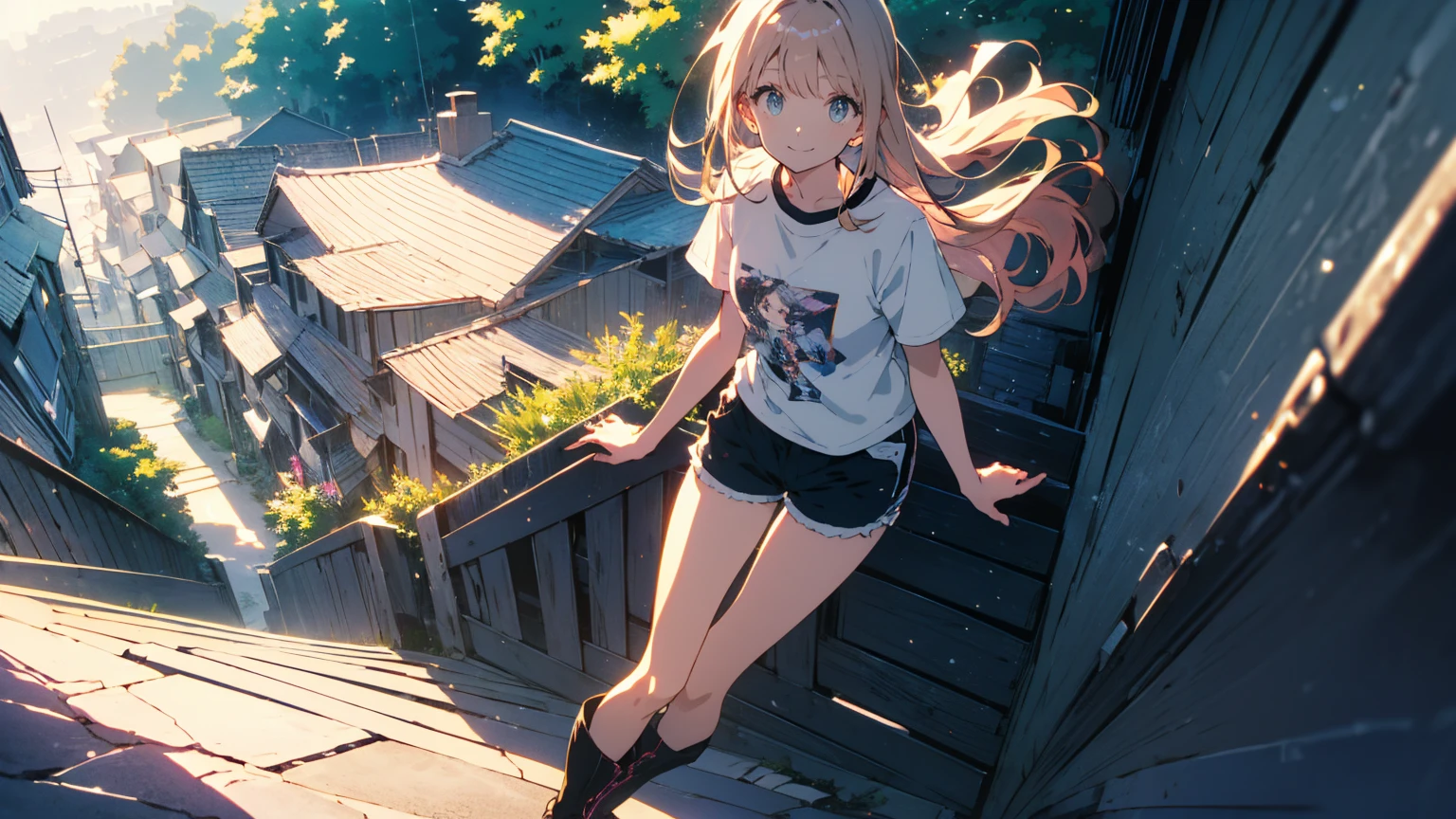 (Highest quality、masterpiece、High resolution、detailed)、(Shining Eyes、detailed美しい顔)、1 Girl、(T-Shirts,Shorts),smile,short boots,outskirts、Slope background、Beautiful Anime