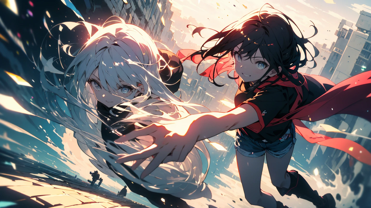 (Highest quality、masterpiece、High resolution、detailed)、(Shining Eyes、detailed美しい顔)、1 Girl、(T-Shirts,Shorts),smile,short boots,outskirts、Slope background、Beautiful Anime