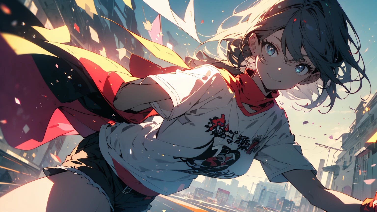 (Highest quality、masterpiece、High resolution、detailed)、(Shining Eyes、detailed美しい顔)、1 Girl、(T-Shirts,Shorts),smile,short boots,outskirts、Slope background、Beautiful Anime