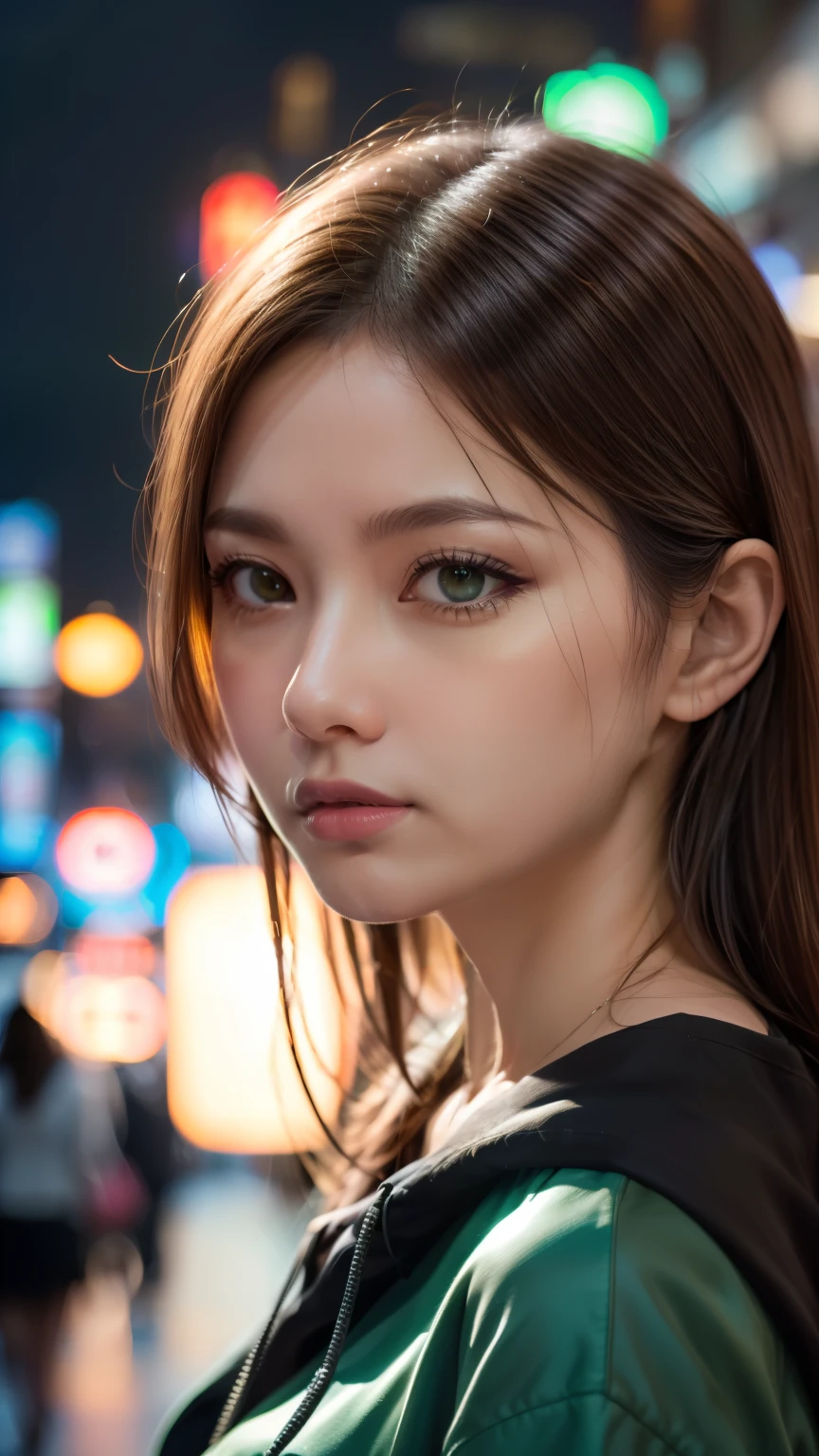A woman standing on a crowded street in Tokyo, Traffic jam on a rainy night, masterpiece, RAW Photos, Written boundary depth, Bokeh, (Front light:1.2), (Backlight:0.75), (Subsidy light:0.9), neon, chromatic aberration, (Lens flare:1.2), 8k, Genuine, green,(head shot:1.5)