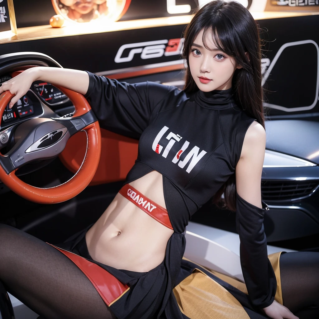 Ultra detailed face、Cool woman、Colorful costumes、F1 Driver Cosplay、Colorful costumes、Clothing with company logo、Grid Girlsのカラフルで派手な衣装、Grid Girls、Perfect Face、Paddock Girls、Harem、motor Show、tights、Bodycon Costumes、Grid Girls、Russia、Grid Girlsのコスプレ、belly button、Pleated skirt、Bodycon Costumes、Photographed in a sexy pose