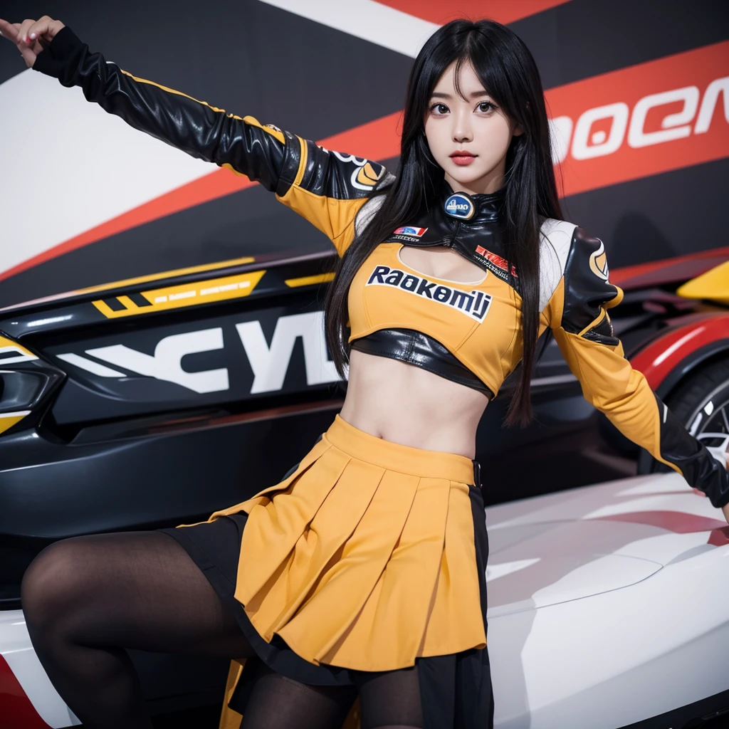 Ultra detailed face、Cool woman、Colorful costumes、F1 Driver Cosplay、Colorful costumes、Clothing with company logo、Grid Girlsのカラフルで派手な衣装、Grid Girls、Perfect Face、Paddock Girls、Harem、motor Show、tights、Bodycon Costumes、Grid Girls、Russia、Grid Girlsのコスプレ、belly button、Pleated skirt、Bodycon Costumes、Photographed in a sexy pose