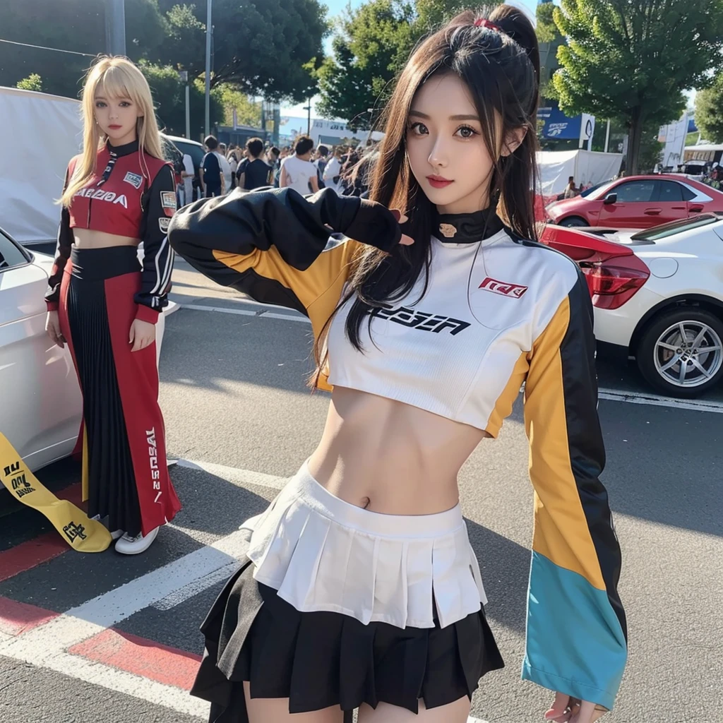 Ultra detailed face、Cool woman、Colorful costumes、F1 Driver Cosplay、Colorful costumes、Clothing with company logo、Grid Girlsのカラフルで派手な衣装、Grid Girls、Perfect Face、Paddock Girls、Harem、motor Show、tights、Bodycon Costumes、Grid Girls、Russia、Grid Girlsのコスプレ、belly button、Pleated skirt、Bodycon Costumes、Photographed in a sexy pose