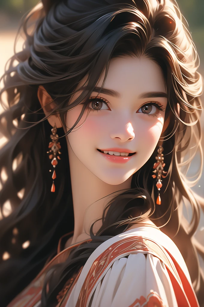 a close up of a close up of a woman with brown hair posing for a picture, 1girl, solo, looking at viewer, realistic, long hair, black hair, smile, portrait