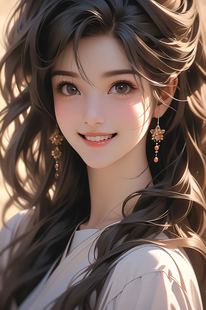 a close up of a close up of a woman with brown hair posing for a picture, 1girl, solo, looking at viewer, realistic, long hair, black hair, smile, portrait