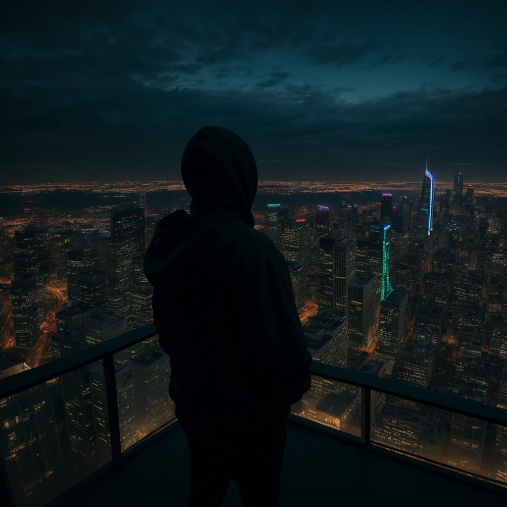 a white man whit black hoodie smoking on a rooftop overlooking a magnificent night city, a menacing presence observing him in the sky, ultra-realistic photo, high angle, cinematic lighting, moody atmosphere, dramatic shadows, neon lights, detailed architecture, glowing cityscape, hyper-realistic, 8k, photorealistic