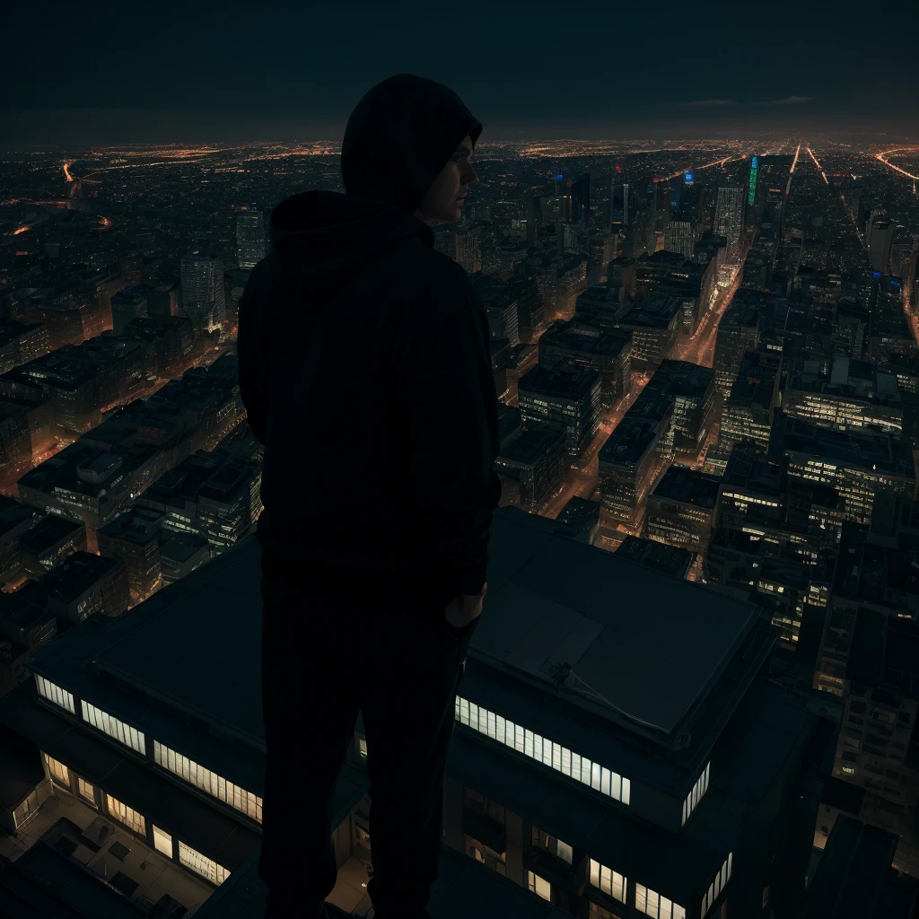 a white man whit black hoodie smoking on a rooftop overlooking a magnificent night city, a menacing presence observing him in the sky, ultra-realistic photo, high angle, cinematic lighting, moody atmosphere, dramatic shadows, neon lights, detailed architecture, glowing cityscape, hyper-realistic, 8k, photorealistic