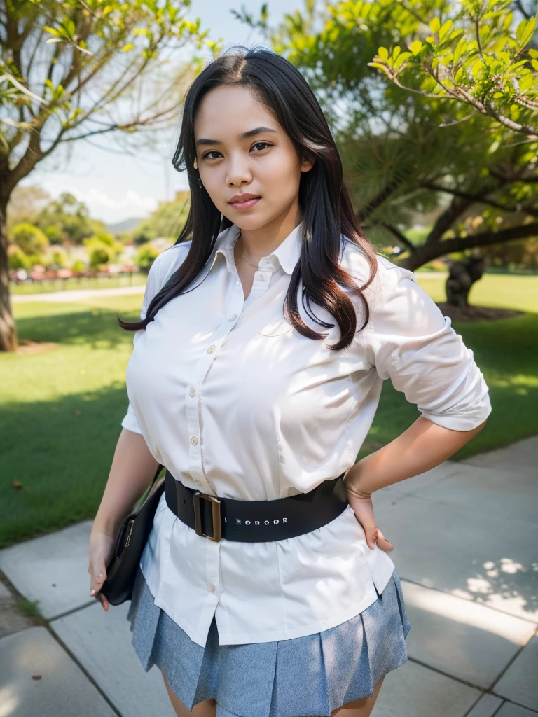 1girl, solo, (Indonesian_high_school_uniform), standing, outdoors, (ultra wide angle shot: 1.4), beautiful scenery, detailed face, detailed eyes, thick breasts, fitness body, smooth skin, tight white shirt, grey blue short skirt, looking at the audience, low angle shot,(8k, RAW photo, best quality, masterpiece: 1.2), (realistic, realistic: 1.37), ultra-high resolution