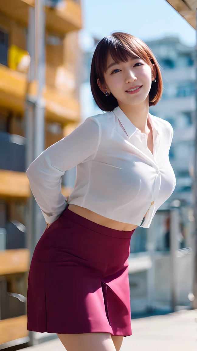 nsfw,(1 woman),beauty,Beautiful Face,smile,(office lady suit:1.2),(open clothes:1.2,front open shirt:1.2,mini skirt)A dignified appearance,Plump Style,(big breasts:1.3)、(Peeking into this、Front view),Focus on the chest,Ultra-realistic,Ultra-high resolution,highest quality,8k,masterpiece,(random time,office)、The cutest Yoshioka Riho,(short bob hair:1.3),(portrait:1.2),(nipple stand:1.2),(arms behind back posing:1.4),standing,(underboob:1.4)