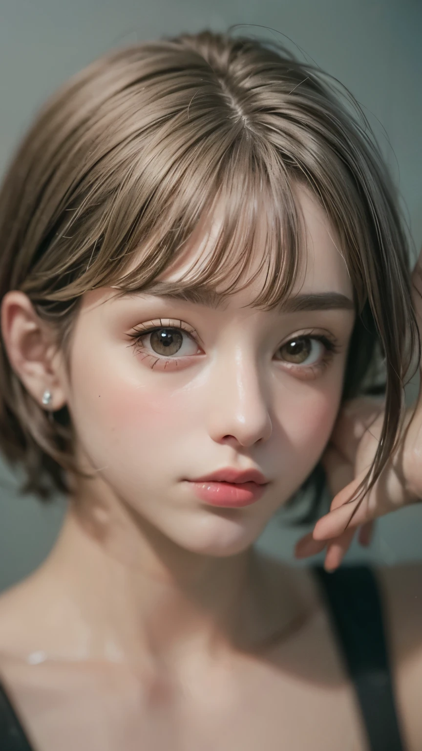 Masterpiece hyperrealist & Photorealistic beautiful girl, Realistic Skin (Pore-filled skin) Short Bob Cut Hair, Realistic red lips,Punk Girl, (head shot:1.5),Shorts