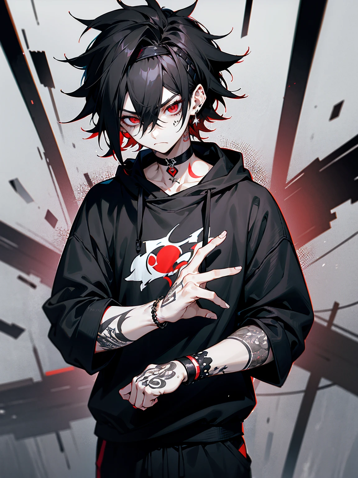 1male, black hair, messy hair, headband, red eyes, tattoos on face, tattoos on arm, pale skin, choker, emo bracelets, earrings, black sweatshirt, grey sweatpants,tired expression, serious expression