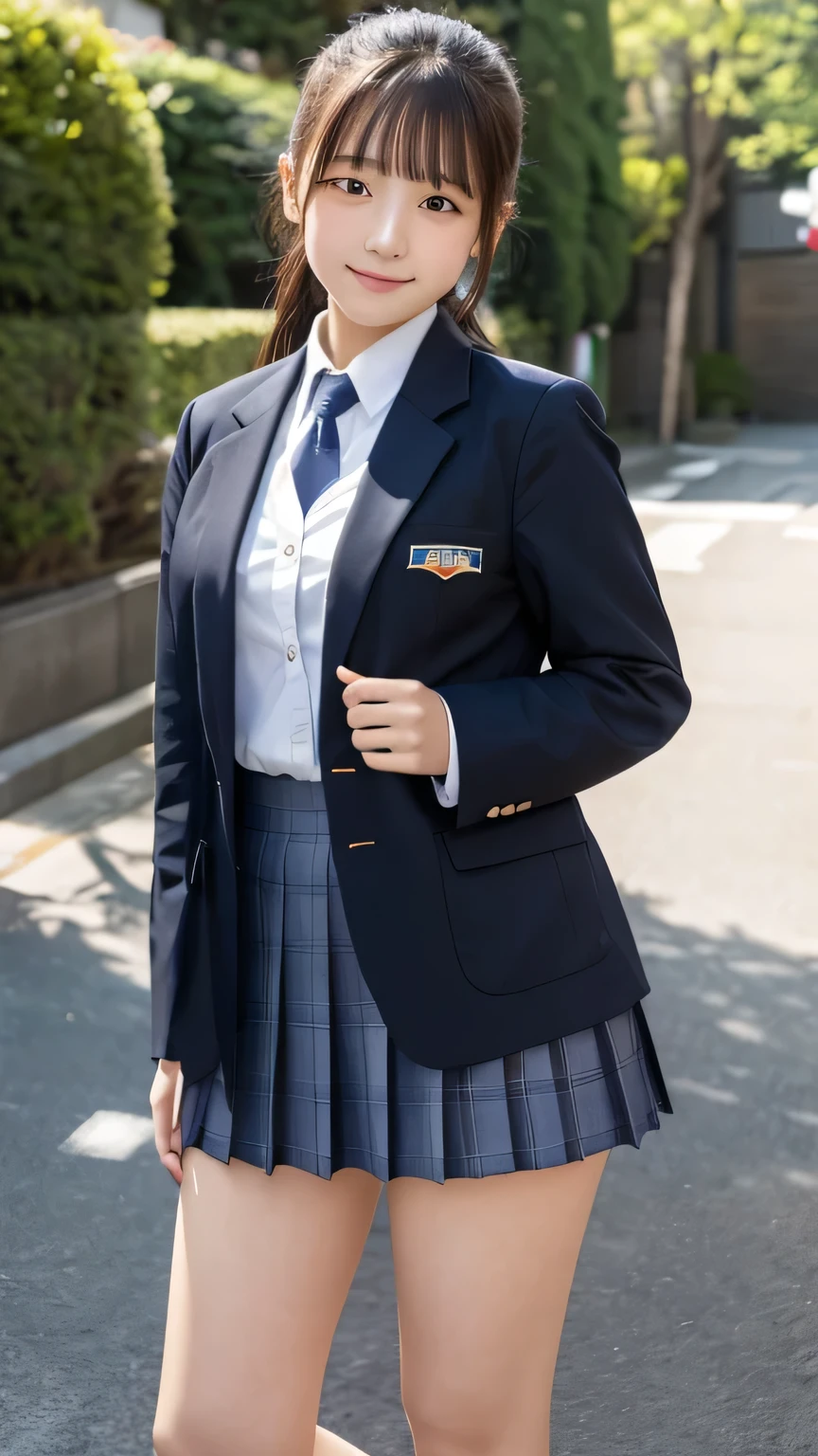 (masterpiece:1.2), Japanese, (18 years old), (((a girl))), (school blazer uniform), collared shirt, outdoor, plump, sunshine, 