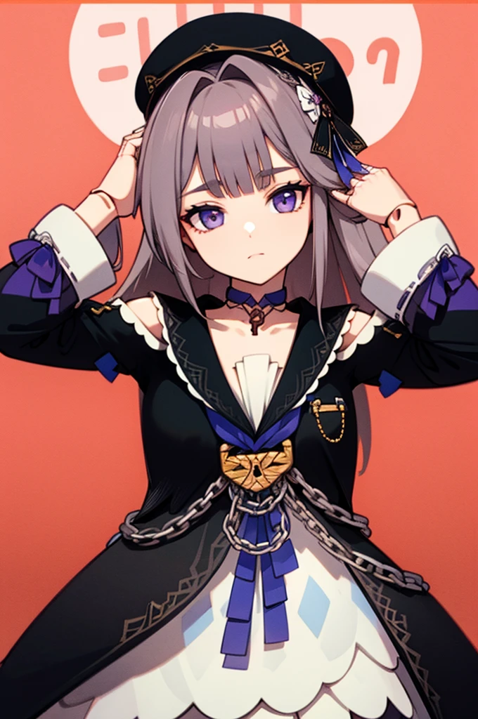 aherta, long hair, grey hair, hair flower, beret, black headwear, joints, choker, key, sailor collar, shoulder cutout, white dress, detached sleeves, herta, star rail herta, madam herta, star rail, arms up, absolute cinema meme, arms, front, front body, front body, hands up, front arms up, mature body, indiferent face, boring face, two arms only, two hands only, arms up absolute cinema meme, hands away from head, visible hands