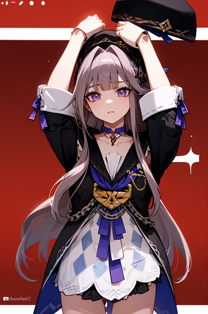 aherta, long hair, grey hair, hair flower, beret, black headwear, joints, choker, key, sailor collar, shoulder cutout, white dress, detached sleeves, herta, star rail herta, madam herta, star rail, arms up, absolute cinema meme, arms, front, front body, front body, hands up, front arms up, mature body, indiferent face, boring face, two arms only, two hands only, arms up absolute cinema meme, hands away from head, visible hands