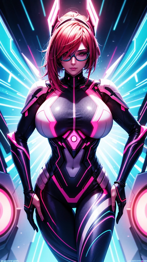 The image is a digital artwork of a woman wearing futuristic glasses and a headpiece with glowing designs, set against a vibrant, neon-lit background.8k