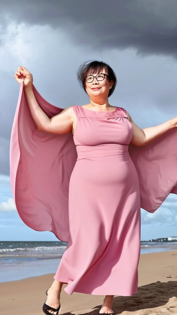Storm, woman blown by the wind, Japanese woman, fat, glasses, pink dress, 69 years old, weight 150 kg, thick arms, flabby body