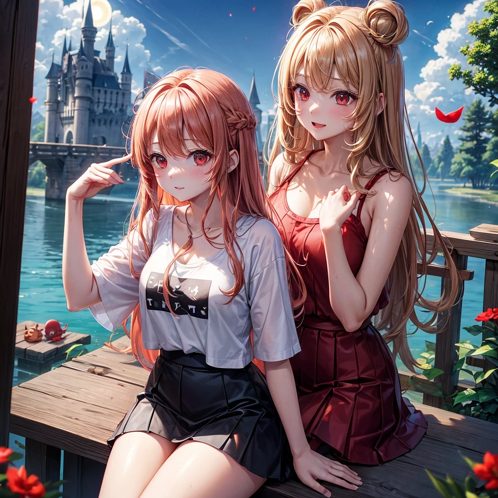 Red-blonde、Red eyes、One cute girl、solo、And soul、Light clothing、Checked mini skirt、petal、Wet hair、Sit on、black t-shirts、large tree、cloud、full moon、monster castle、lanthanum、Hell&#39;s Gate、Craft Gatekeeper、barefoot、Stones are piled up、Devil、Teeth are visible、Secret Treasure、Wooden chair、Wooden fence、Carrying a backpack