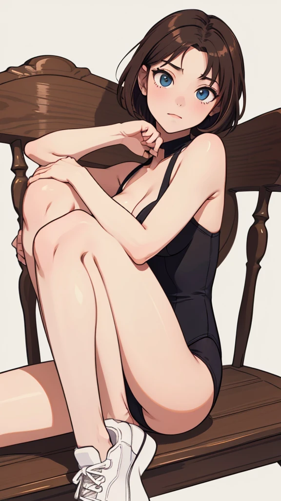 (((masterpiece, best quality, ultra highres, 1 girl, solo, no background))), super detailed skin and face and eyes and finger, beautiful japanese woman, small breasts:1.5, skinny, light brown hair, white background, very short pixie hair, cowboy shot, Generate with illustrations, Various expressions, Various poses, Please draw the entire character within the frame, ensuring that the head, arms, and legs are not cut off. The background should be simple, with the character positioned centrally, outline, anime, 2d, boyish, tiny micro sexy leotard, spread legs, embarrassed,