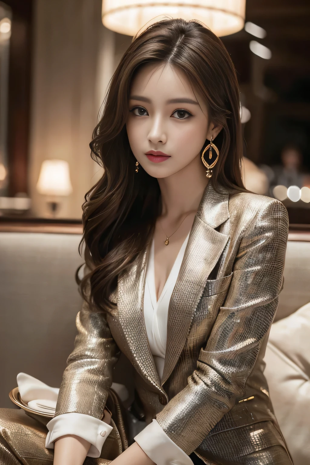 masterpiece, Highest quality, Realistic, Very detailed, Finer details, High resolution, 8k wallpaper, One beautiful woman, Wear a nice suit, In a great restaurant, At night, Light brown messy hair, Perfect dynamic composition, Beautiful and beautiful eyes、Big earrings、Sit on the sofa、