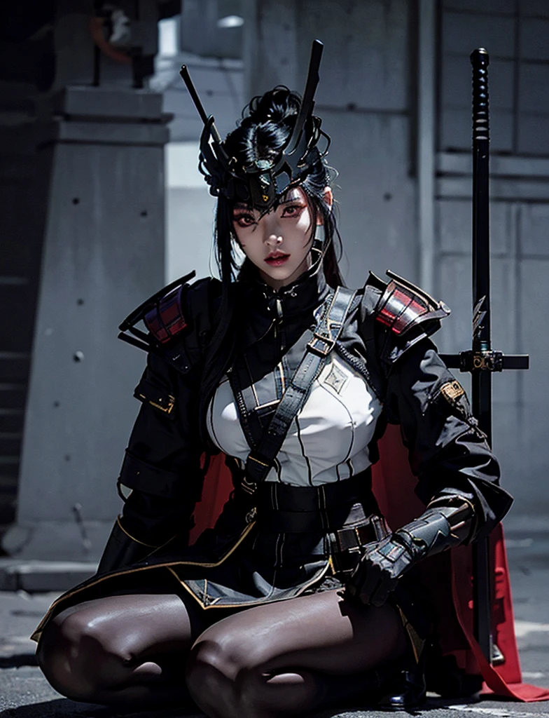 Surreal version of a woman kneeling down on one knee with sword in hand, very beautiful cyberpunk samurai,Sitting on one knee,Futuritic background, cyberpunk anime art, cyberpunk samurai, cyberpunk city anime art, cyberpunk anime, cgsociety 9, digital cyberpunk anime art, style of maciej kuciara .1girl, samurai armor, devil mask helmet, intricate, detailed ornaments, cold colors, metallic, Egyptian details, details very complex, realistic lighting, trending on social cgs, glowing eyes, facing camera, Brick wall,neon details, surreal details, full body portrait, Japanese atmosphere, lighting global, shadow, octane rendering, 8k, super sharp lolita.((Best quality)), ((masterpiece)), (details:1.4), 3D, image of a female cyberpunk beautiful,HDR (High Dynamic Range),Beam Range,NVIDIA RTX,Ultra High Resolution,Unreal 5,Subsurface Scattering,PBR Textures,Post-processing,Anisotropic Filtering,Depth of Field, Maximum clarity and sharpness, Multi-layer textures, Albedo and Reflection maps, Surface shadows, Accurate simulation of light-material interaction, Perfect scaling, Octane rendering, Two-tone lighting Color, Wide Aperture, Low ISO, White Balance, Rule of Thirds, 8K RAW,