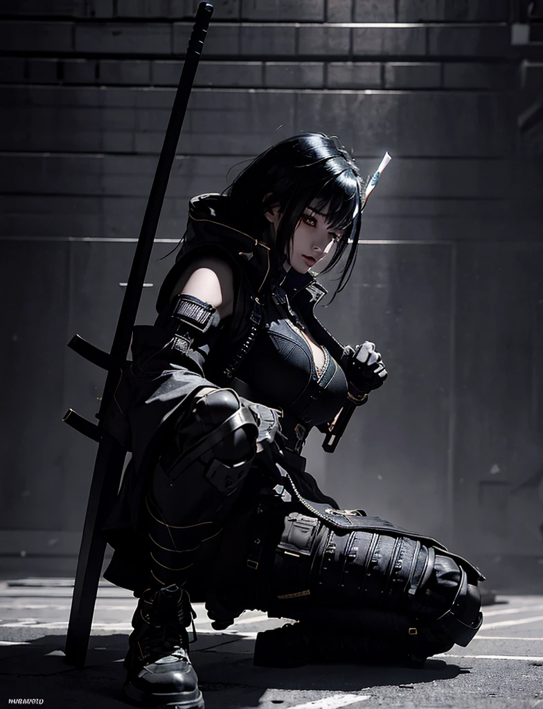 Surreal version of a woman kneeling down on one knee with sword in hand, very beautiful cyberpunk samurai,Sitting on one knee,Futuritic background, cyberpunk anime art, cyberpunk samurai, cyberpunk city anime art, cyberpunk anime, cgsociety 9, digital cyberpunk anime art, style of maciej kuciara .1girl, samurai armor, devil mask helmet, intricate, detailed ornaments, cold colors, metallic, Egyptian details, details very complex, realistic lighting, trending on social cgs, glowing eyes, facing camera, Brick wall,neon details, surreal details, full body portrait, Japanese atmosphere, lighting global, shadow, octane rendering, 8k, super sharp lolita.((Best quality)), ((masterpiece)), (details:1.4), 3D, image of a female cyberpunk beautiful,HDR (High Dynamic Range),Beam Range,NVIDIA RTX,Ultra High Resolution,Unreal 5,Subsurface Scattering,PBR Textures,Post-processing,Anisotropic Filtering,Depth of Field, Maximum clarity and sharpness, Multi-layer textures, Albedo and Reflection maps, Surface shadows, Accurate simulation of light-material interaction, Perfect scaling, Octane rendering, Two-tone lighting Color, Wide Aperture, Low ISO, White Balance, Rule of Thirds, 8K RAW,