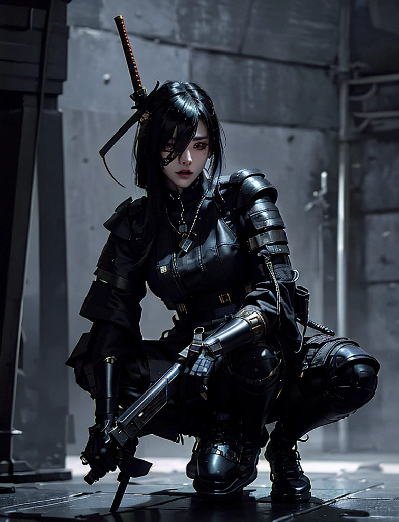 Surreal version of a woman kneeling down on one knee with sword in hand, very beautiful cyberpunk samurai,Sitting on one knee,Futuritic background, cyberpunk anime art, cyberpunk samurai, cyberpunk city anime art, cyberpunk anime, cgsociety 9, digital cyberpunk anime art, style of maciej kuciara .1girl, samurai armor, devil mask helmet, intricate, detailed ornaments, cold colors, metallic, Egyptian details, details very complex, realistic lighting, trending on social cgs, glowing eyes, facing camera, Brick wall,neon details, surreal details, full body portrait, Japanese atmosphere, lighting global, shadow, octane rendering, 8k, super sharp lolita.((Best quality)), ((masterpiece)), (details:1.4), 3D, image of a female cyberpunk beautiful,HDR (High Dynamic Range),Beam Range,NVIDIA RTX,Ultra High Resolution,Unreal 5,Subsurface Scattering,PBR Textures,Post-processing,Anisotropic Filtering,Depth of Field, Maximum clarity and sharpness, Multi-layer textures, Albedo and Reflection maps, Surface shadows, Accurate simulation of light-material interaction, Perfect scaling, Octane rendering, Two-tone lighting Color, Wide Aperture, Low ISO, White Balance, Rule of Thirds, 8K RAW,