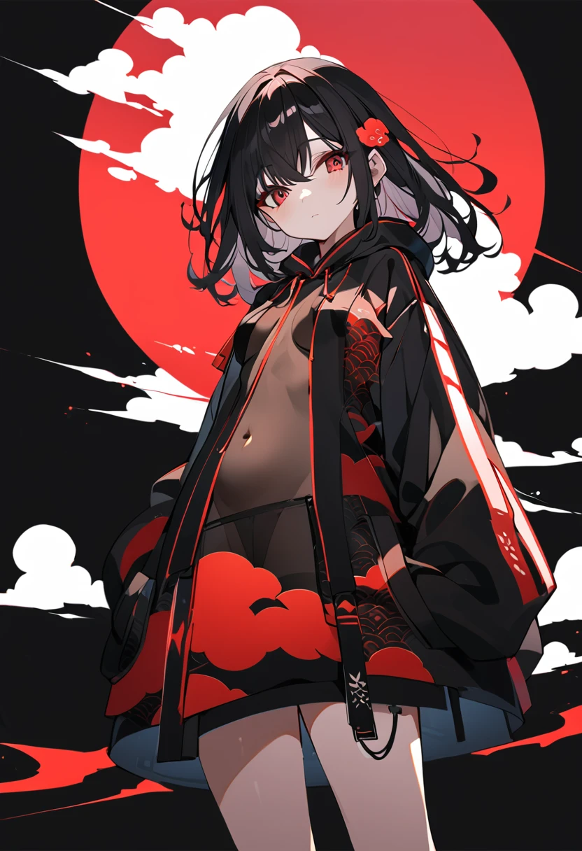 Red Cloud,Girl with red cloud motif,sexy,Accentuated body lines,Pitch black background,Ultra see-through Japanese style hoodie,(A body line where clothes are visible),See-through inner,Angle from below,See-through waist,See-through breasts,A see-through belly,Closed hem design,Very small breasts,Hoodie with pockets