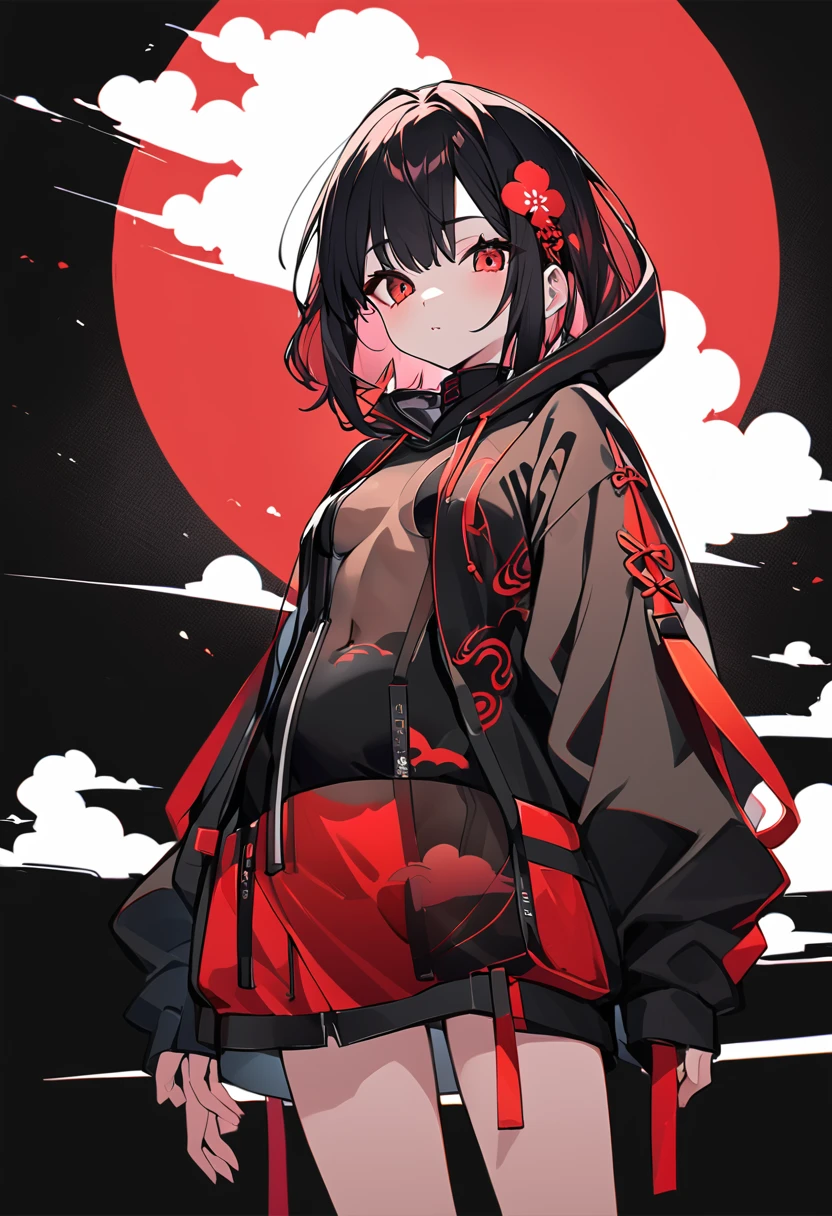 Red Cloud,Girl with red cloud motif,sexy,Accentuated body lines,Pitch black background,Ultra see-through Japanese style hoodie,(A body line where clothes are visible),See-through inner,Angle from below,See-through waist,See-through breasts,A see-through belly,Closed hem design,Very small breasts,Hoodie with pockets