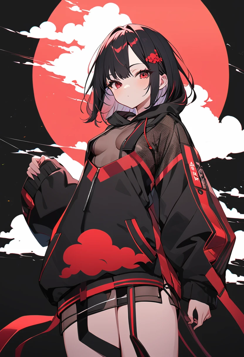 Red Cloud,Girl with red cloud motif,sexy,Accentuated body lines,Pitch black background,Ultra see-through Japanese style hoodie,(A body line where clothes are visible),See-through inner,Angle from below,See-through waist,See-through breasts,A see-through belly,Closed hem design,Very small breasts,Hoodie with pockets