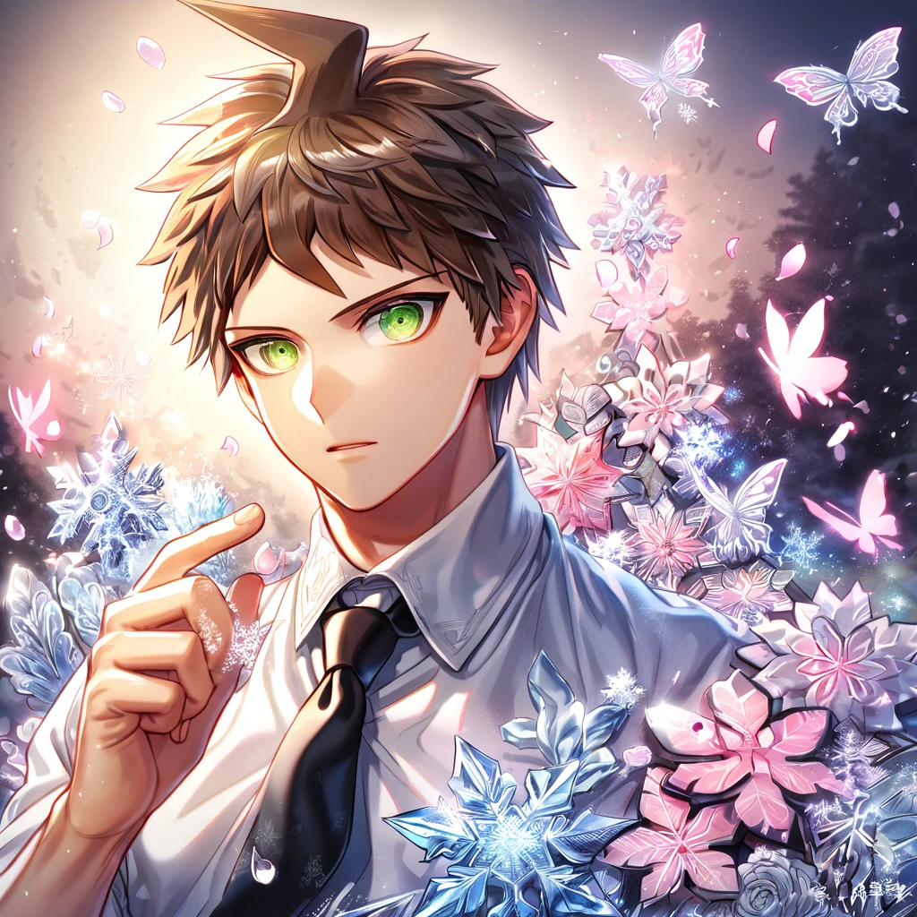 Ultra detailed, HDR, Highres, absurdres, master piece, Hinata Hajime, brown hair, expressive green eyes, white shirt, black necktie, Danganronpa, handsome, ice glittering butterflies, ice, petals, ice pink glass flowers, glittering, fantasy, magical, snowflakes, cold, solo, sexy man,
