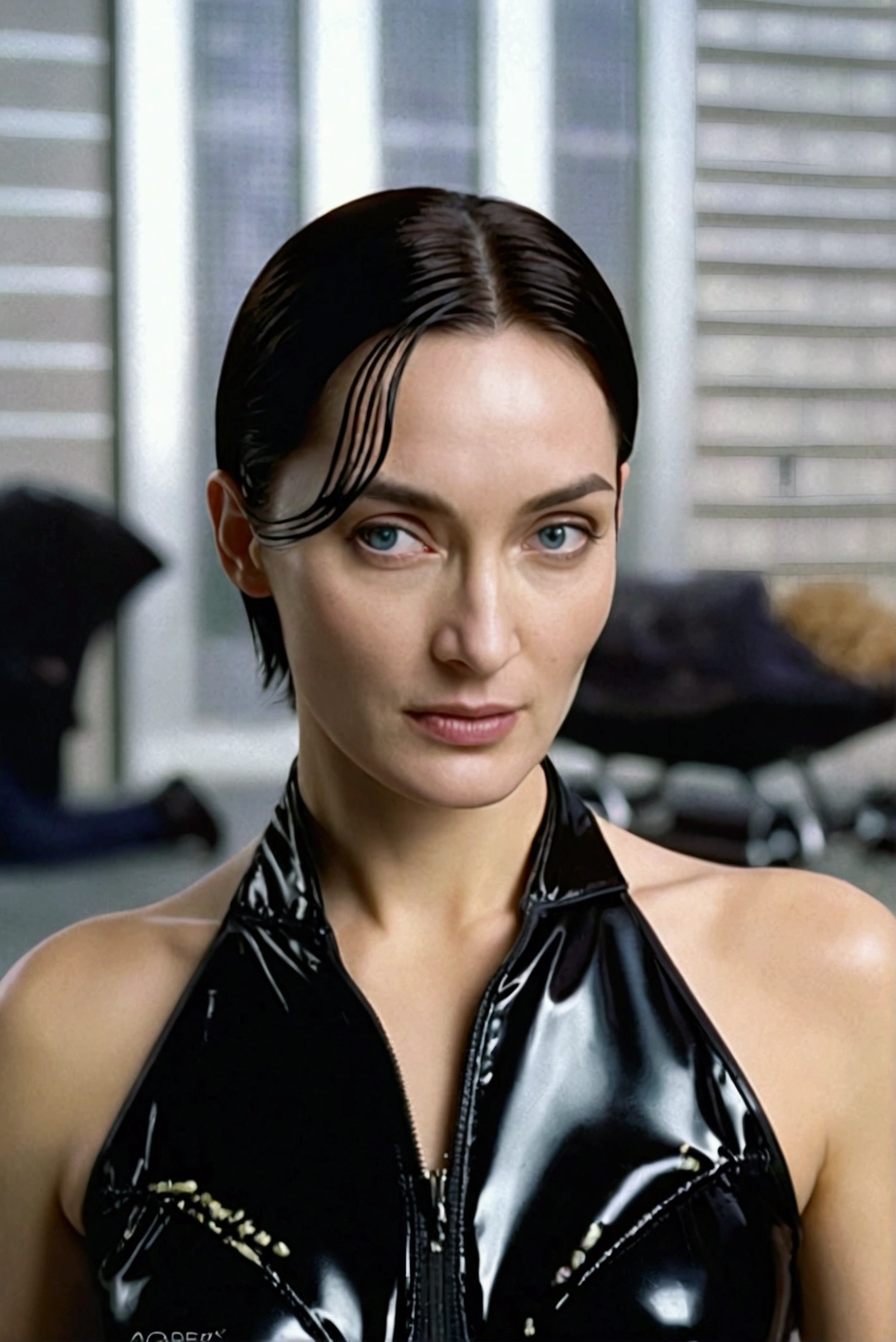 Trinity from the movie matrix. xxx. sexy. full body, lingerie. with small tight latex lingerie, full body closeup, full length cinematic shot. lingerie. sensual. sexy, background city of matrix. hyper realism. 8k. Photography, hyper realism. k. Photography (masterpiece, Super detail, High detail, Best Quality, 8k, Matrix film lighting