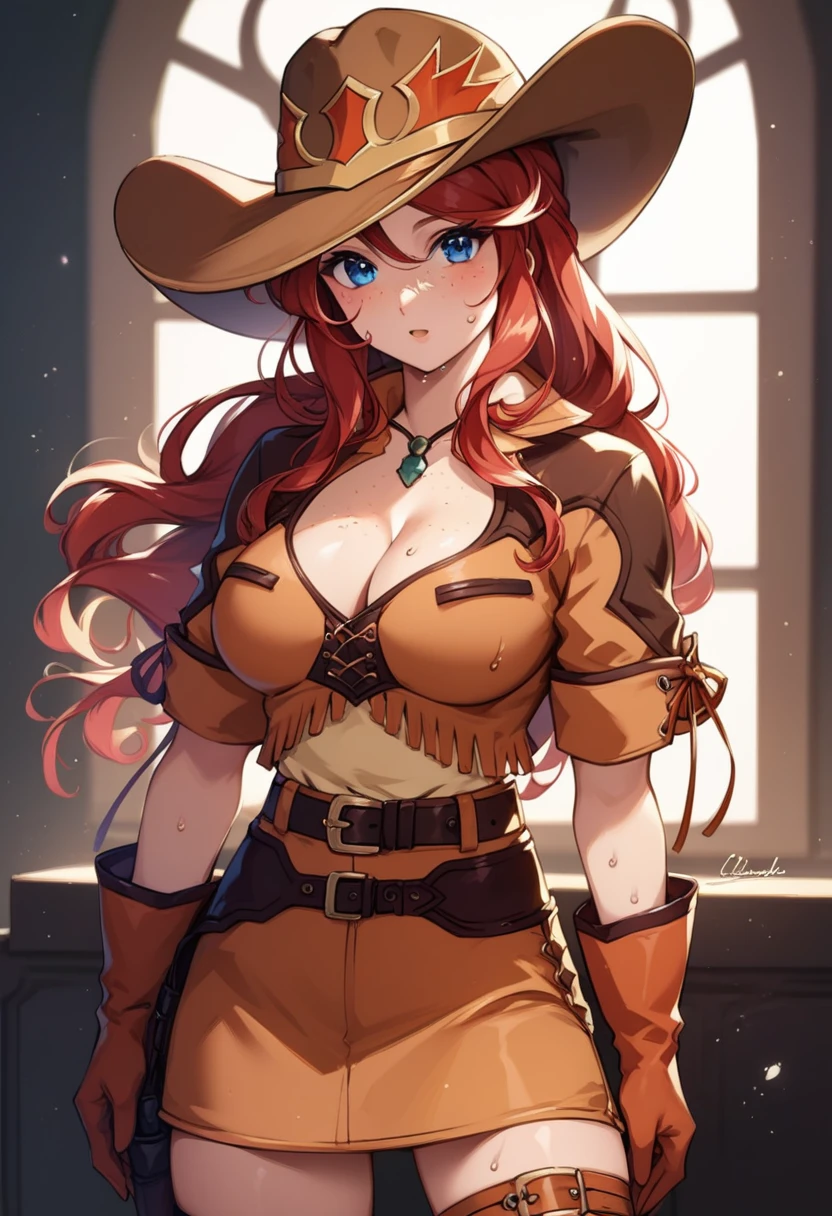 score_9, score_8_up, score_7_up, very aesthetic, source_anime, detailed, high quality, beautiful, masterpiece, detailed eyes,
Indoors, dark background,
cowboy shot, upper body, aroused facial expression, mouth open, blush, sweat
gemini sunrise, red hair, long hair, blue eyes, freckles, sidelocks, big breasts, cleavage
belt, thigh strap, cowboy hat, cowboy boots, fringe trim, gloves, miniskirt, zPDXL