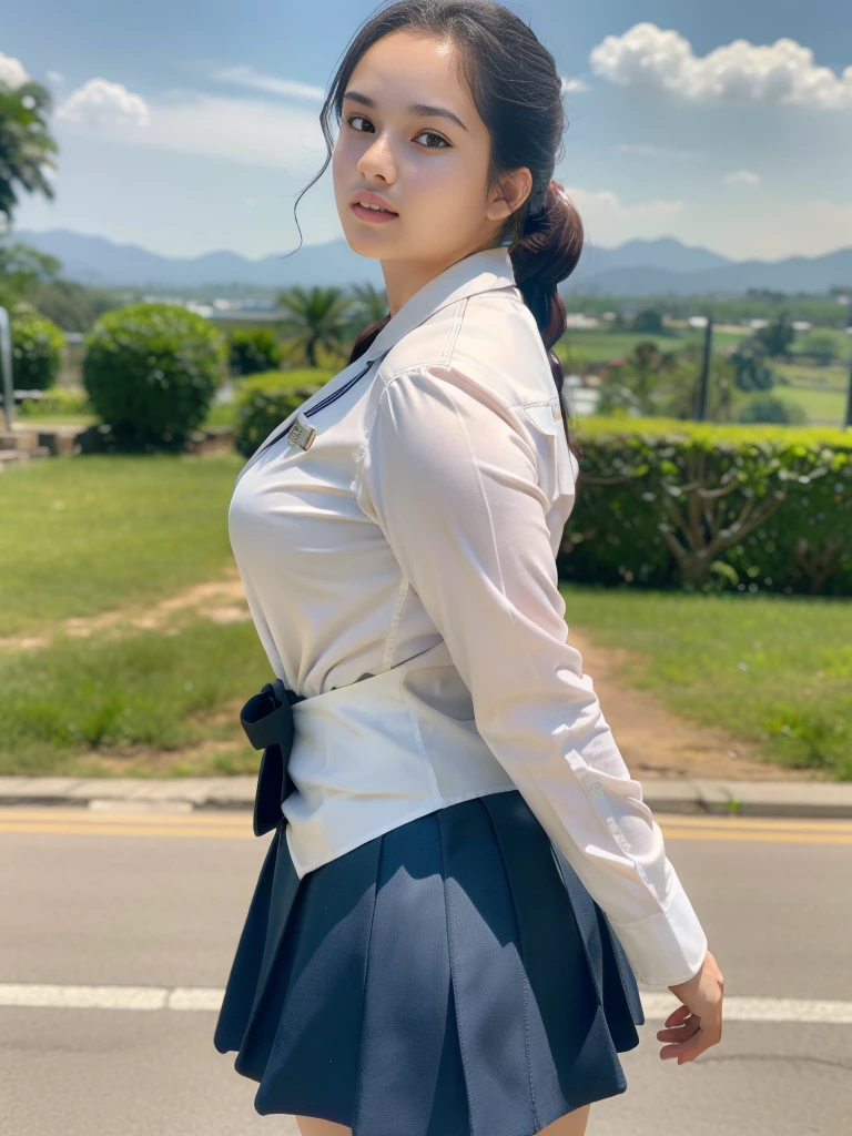 1girl, solo, (Indonesian_high_school_uniform), standing, outdoors, (ultra wide angle shot: 1.4), beautiful scenery, detailed face, detailed eyes, thick breasts, fitness body, smooth skin, tight white shirt, grey blue short skirt, looking at the audience, low angle shot,(8k, RAW photo, best quality, masterpiece: 1.2), (realistic, realistic: 1.37), ultra-high resolution