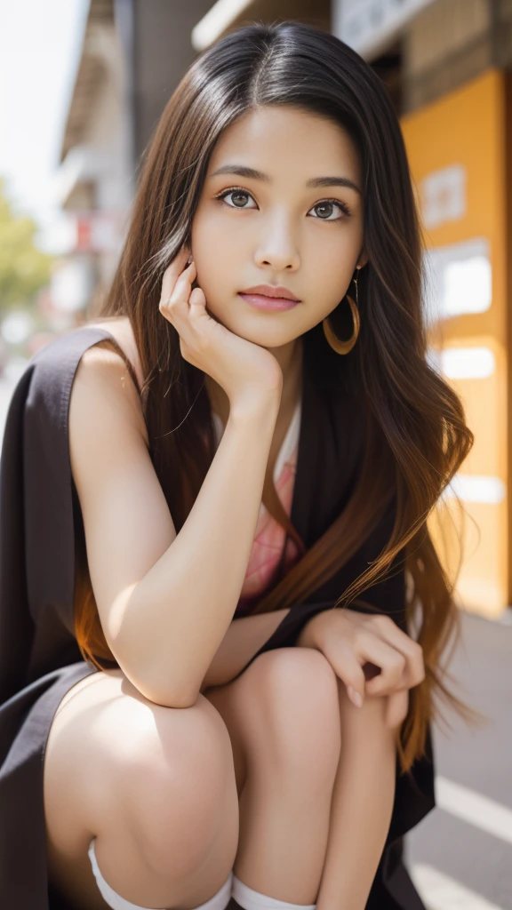 Cute Japanese woman, (), (Very cute face: 1.3), White moist skin, Looking at the camera, Melancholy expression,
BREAK,
Idol,
BREAK,
(Wearing cute kimono: 1.3), (Highly revealing kimono), Very large earrings, Short length,
BREAK,
(Fighting pose: 1.3),
BREAK,
(Long hair), (Pink hair: 1.2), (Wavy hair), (Gradient hair: 1.3), (Red hair at the ends),
BREAK,
(Realistic: 1.3), Masterpiece, Perfect lighting, (Ultra-high resolution), (8K), (Highly detailed: 1.4), (From the front), (Full body: 1.3), (Symmetrical: 1.2),
BREAK,
(Japanese city streets: 1.2),
BREAK,
(Demon Slayer: 1.4),
BREAK,
(Kasumi Arimura: 1.4),