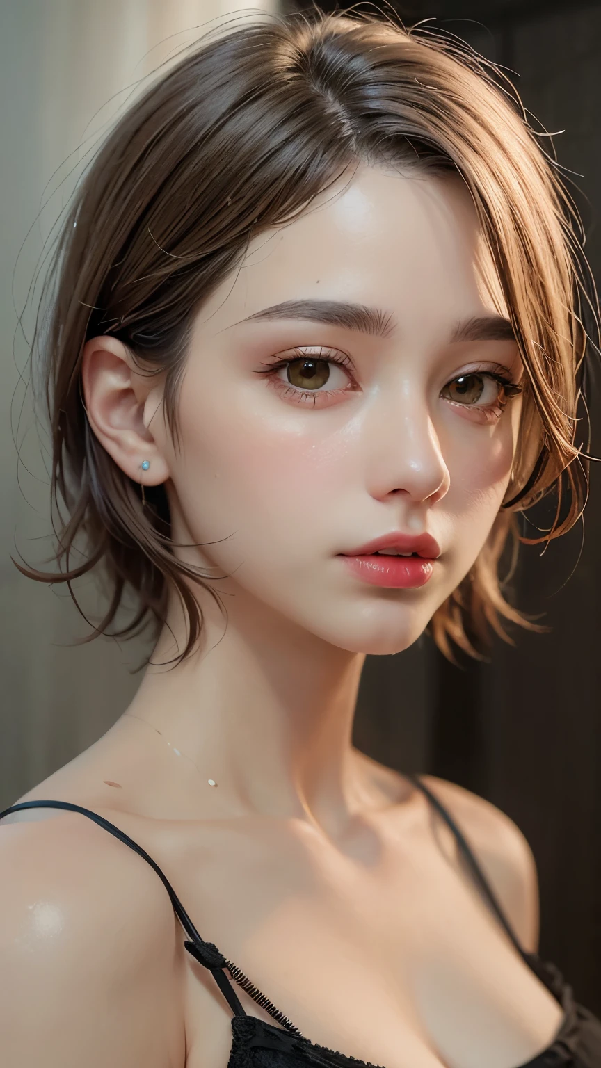 Masterpiece hyperrealist & Photorealistic beautiful girl, Realistic Skin (Pore-filled skin) Short Bob Cut Hair, Realistic red lips,Punk Girl, (head shot:1.5),Shorts