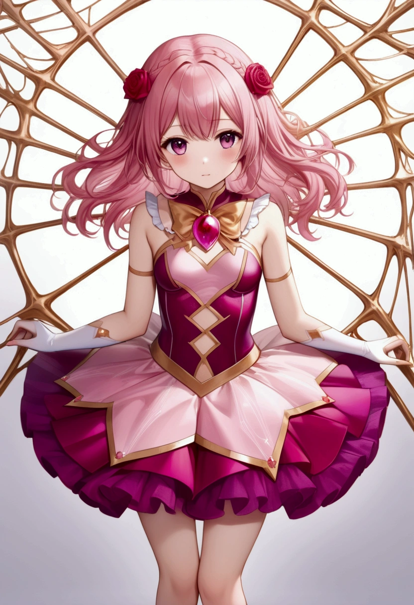 Create an anime-style girl with (((deep magenta eyes and long, wavy pink hair))) ((styled in an elegant frenchbraid)). (((She is slender, and  with small breasts))). ((Ensure a full-body shot of her)) wearing a (((pink, gold, and rose gold color magical girl-themed outfit.))) ((The outfit features a spider and spider web theme.)) The overall look is regal and ethereal, with magical glowing effects. cutesexy, purinpuon pixiv, no future, a hyperrealistic , hyperrealistic , realistic , seductive (anime girl), smooth anime cg art, beautiful alluring anime teen, (purinpuon pixiv), ((magical girl)), (masterpiece), best quality, expressive eyes, perfect face ((Highest quality))、((8K))、(((8k wallpaper))) ((Full Body Shot: 1.5))、ultra detailed, masterpiece, best quality, solo ((purinpuon pixiv, no future)) (((purinpuon pixiv, no future)))