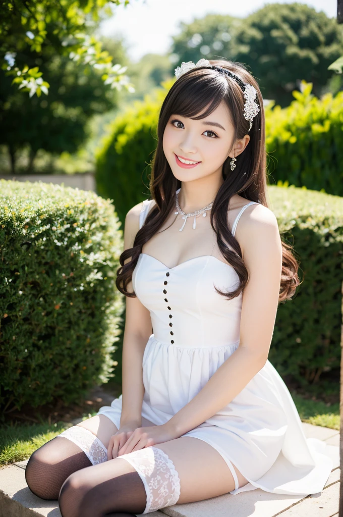 (Only one person), Pure Japanese young girl, wearing white gothic Lolita style dress and accessories, stockings, classical high heels, vivid makeup and lips, thick eyebrows, arranged hair styles, sweet smile, sitting, summer afternoon, professional photography, 