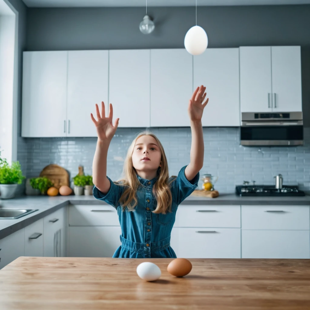 a beautiful 12 year old dark blonde girl using telekinesis levitates an egg in the air on the table in the kitchen at home very realistic science fiction cool tones