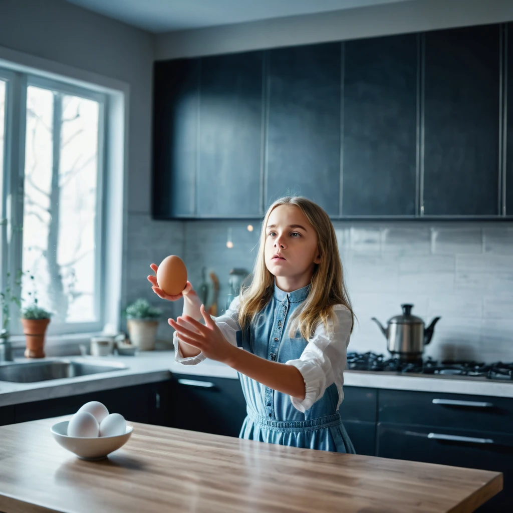 a beautiful 12 year old dark blonde girl using telekinesis levitates an egg in the air on the table in the kitchen at home very realistic science fiction cool tones