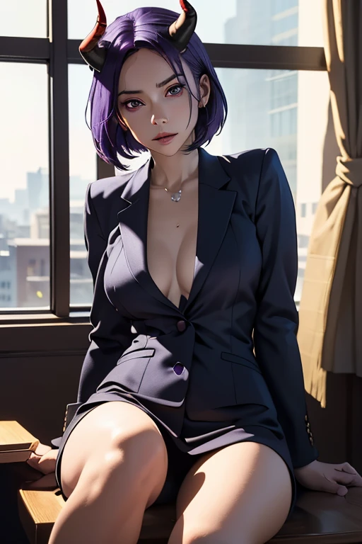 ((masterpiece, Highest quality)), ((Detailed CG integrated 8K people)), That Time I Got Reincarnated as a Slime,Characters,Zion,Black business suit,Purple Hair,A single horn grows from the center of its forehead.,