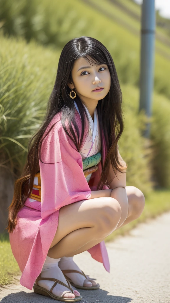 Cute Japanese woman, (), (Very cute face: 1.3), White moist skin, Looking at the camera, Melancholy expression,
BREAK,
Idol,
BREAK,
(Wearing cute kimono: 1.3), (Highly revealing kimono), Very large earrings, Short length,
BREAK,
(Fighting pose: 1.3),
BREAK,
(Long hair), (Pink hair: 1.2), (Wavy hair), (Gradient hair: 1.3), (Red hair at the ends),
BREAK,
(Realistic: 1.3), Masterpiece, Perfect lighting, (Ultra-high resolution), (8K), (Highly detailed: 1.4), (From the front), (Full body: 1.3), (Symmetrical: 1.2),
BREAK,
(Japanese city streets: 1.2),
BREAK,
(Demon Slayer: 1.4),
BREAK,
(Kasumi Arimura: 1.4),