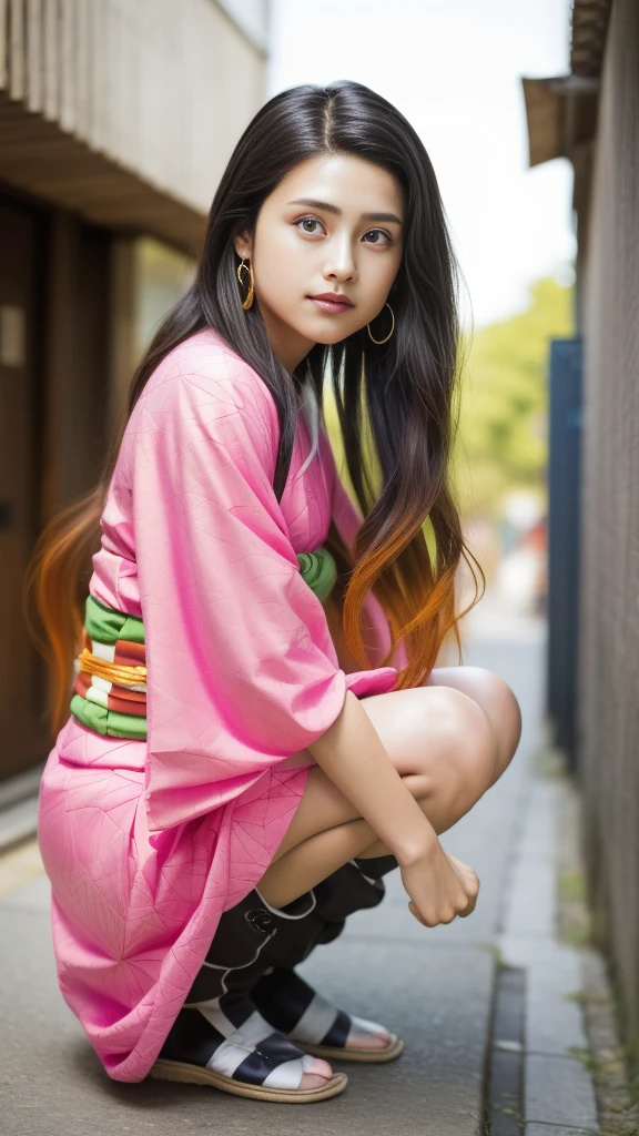 Cute Japanese woman, (16 years old), (Very cute face: 1.3), White moist skin, Looking at the camera, Melancholy expression,
BREAK,
Idol,
BREAK,
(Wearing cute kimono: 1.3), (Highly revealing kimono), Very large earrings, Short length,
BREAK,
(Fighting pose: 1.3),
BREAK,
(Long hair), (Pink hair: 1.2), (Wavy hair), (Gradient hair: 1.3), (Red hair at the ends),
BREAK,
(Realistic: 1.3), Masterpiece, Perfect lighting, (Ultra-high resolution), (8K), (Highly detailed: 1.4), (From the front), (Full body: 1.3), (Symmetrical: 1.2),
BREAK,
(Japanese city streets: 1.2),
BREAK,
(Demon Slayer: 1.4),
BREAK,
(Kasumi Arimura: 1.4),